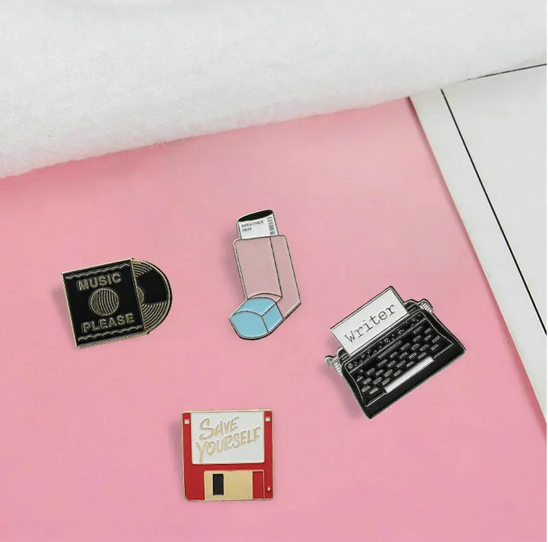 

10 PCS / LOT Breather Save Vinyl Record Typewriter Enamel pin Custom Brooches Bag Clothes Lapel Pin Vintage Badge Fun Jewelry