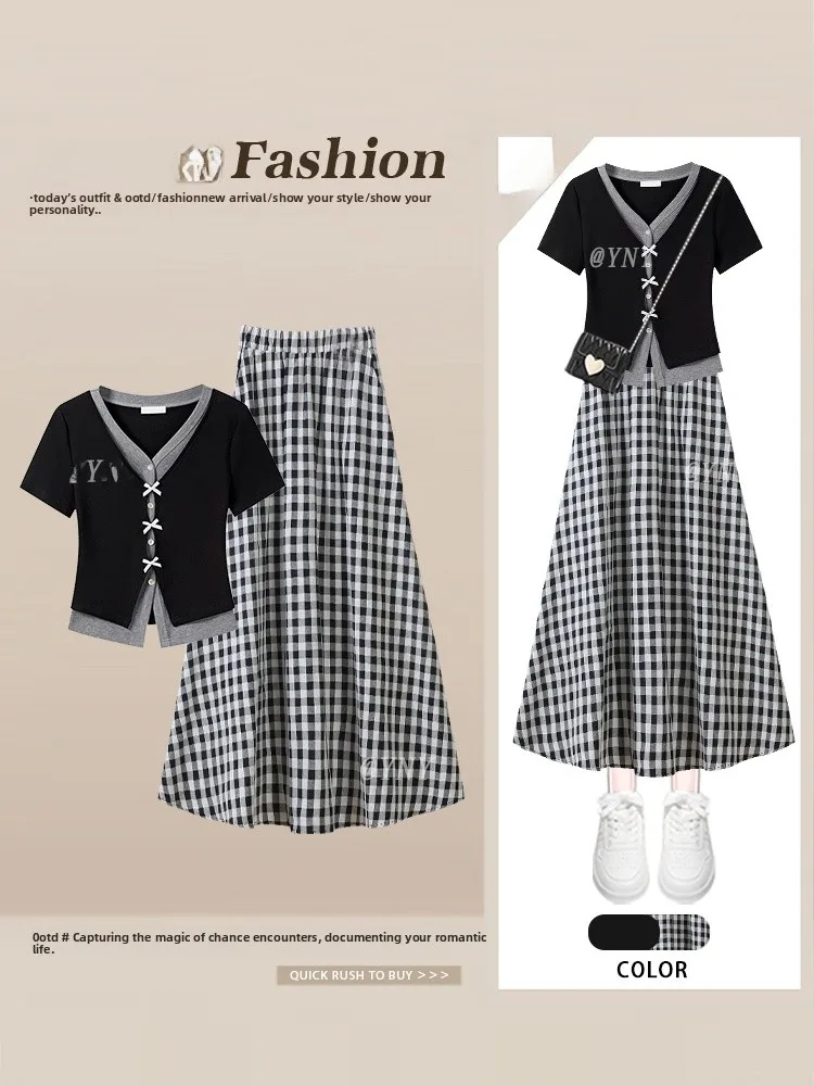 

Женская трикотажная клетчатая юбка ort Sve irt и высокой талией, комплект из двух предметов, осенняя модная повседневная юбка с высокой талией