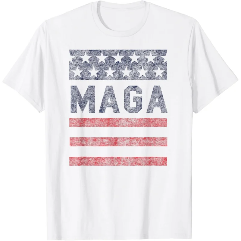 Men's and Women's Sports and Leisure New Fashion Short Sleeve MAGA Star Spangled Banner Retro Pattern Black Gift T-shirt