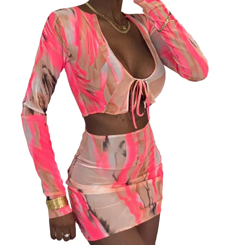 Mesh See Through Hot Sexy Women Matching Sets Bandage Long Sleeve Bodycon Club two Piece Outfits Crop Top And Skirt Set