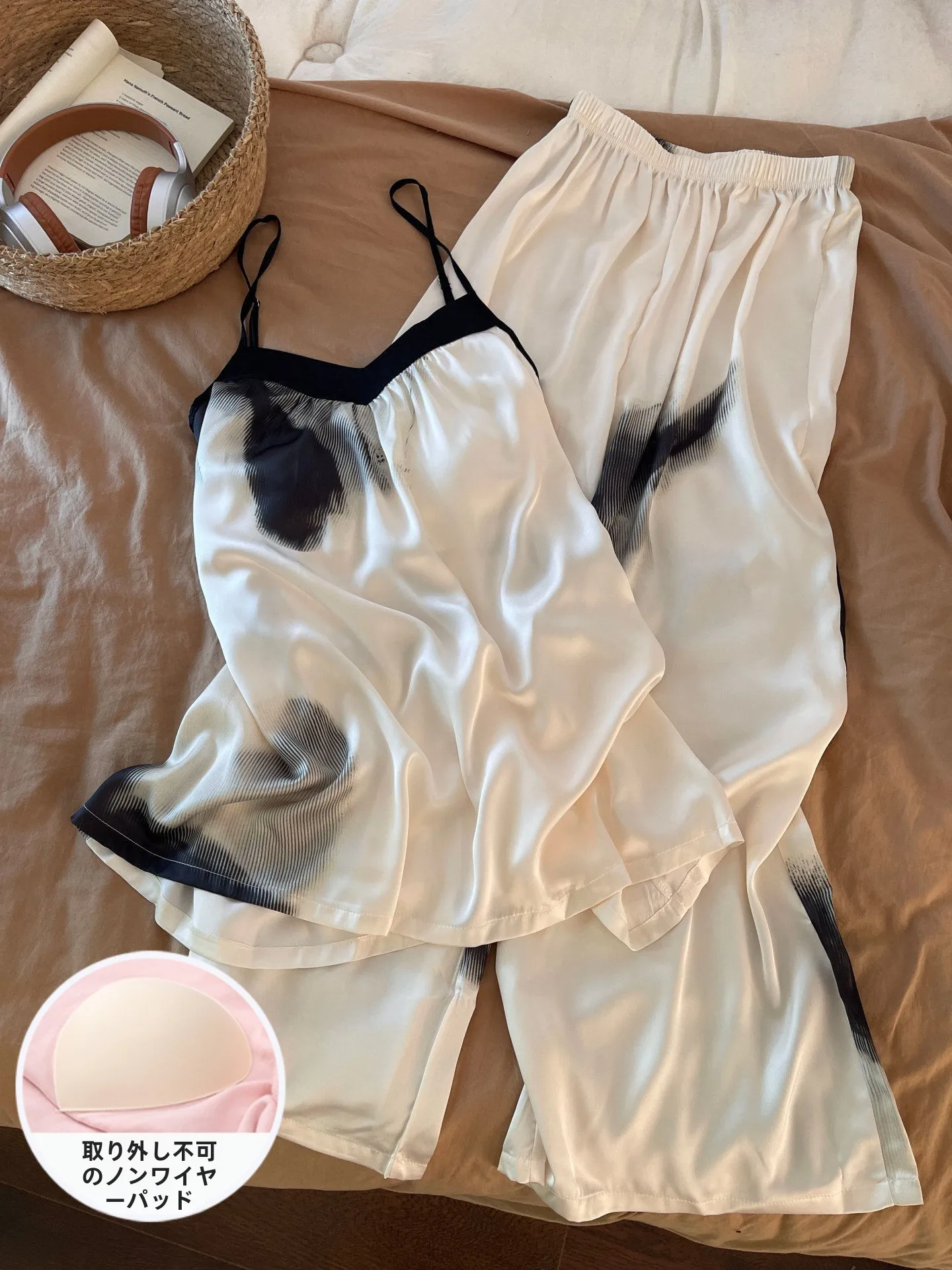 夏用アイスシルク寝間着-レディース-ストラップ付きロングパンツ-大きいサイズ-冷感-胸パッド付き-外でも着用可能-新国民風セット-ホームウェア