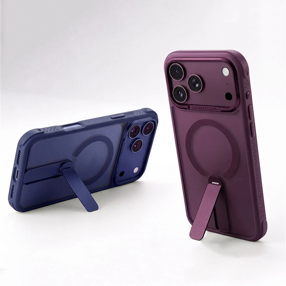 Matowe, półprzezroczyste, magnetyczne etui z obrotową podstawką, odporne na wstrząsy, do iPhone 18 17 Pro Max 16 15 14 13 12, z metalową osłoną obiektywu kompatybilne z Magsafe.