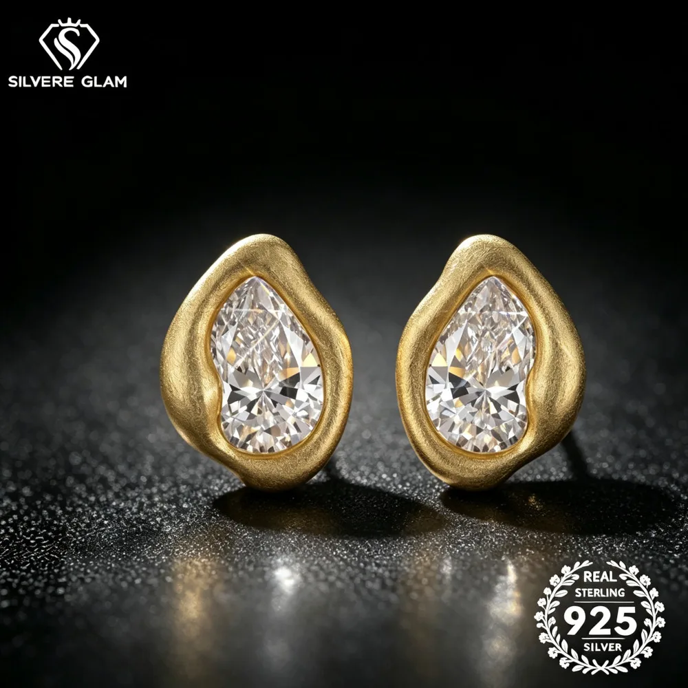 925 Sterling Silver Pear Cut D VVS1 Moissanite Stud Earrings Irregular Brushed Bezel Teardrop Shape Fine Jewelry For Women