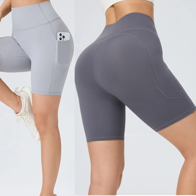 

Peach Hip Lifting Sports Shorts with Pockets Women High Waist Tummy Control Slim Running Gym Yoga Quick-Dry Tight Leggings Pants