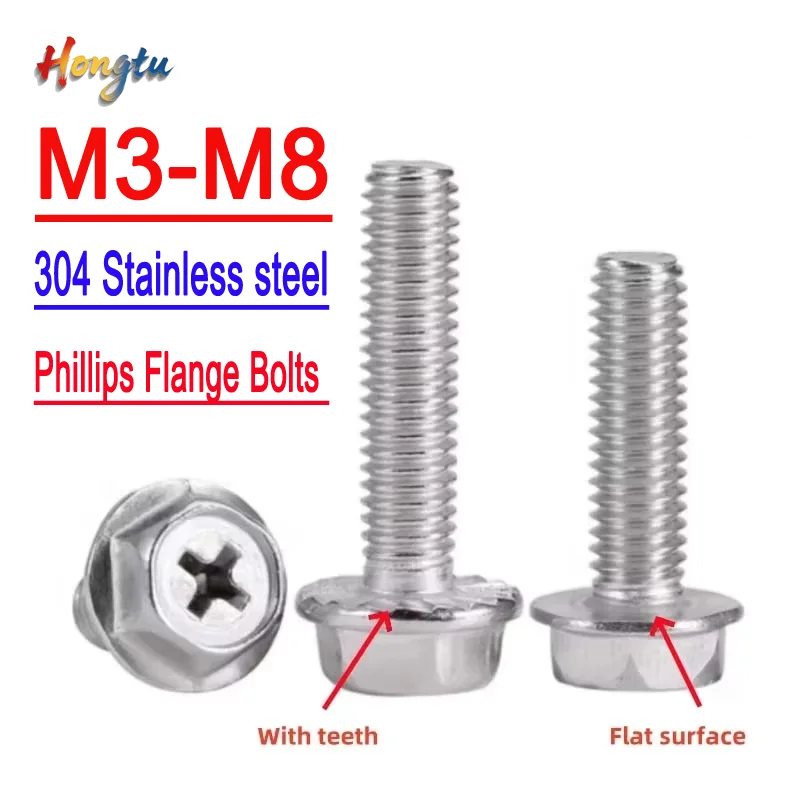 

304 Stainless Steel Phillips Flange Bolts - M3-M8, External Hex, Metric Thread (5-60mm)
