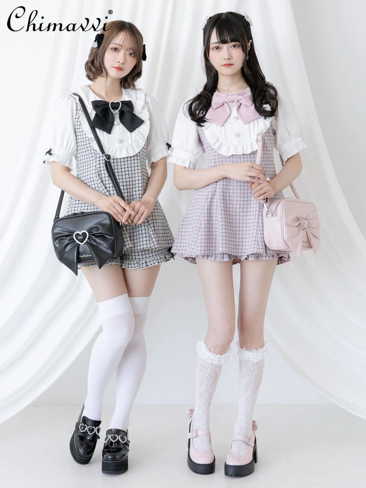 Japanese Style Fashion Women Two-Piece Suit Antumn Lolita Style Doll Collar Puff Sleeve Bow Plaid Blouse Plaid High Waist Shorts