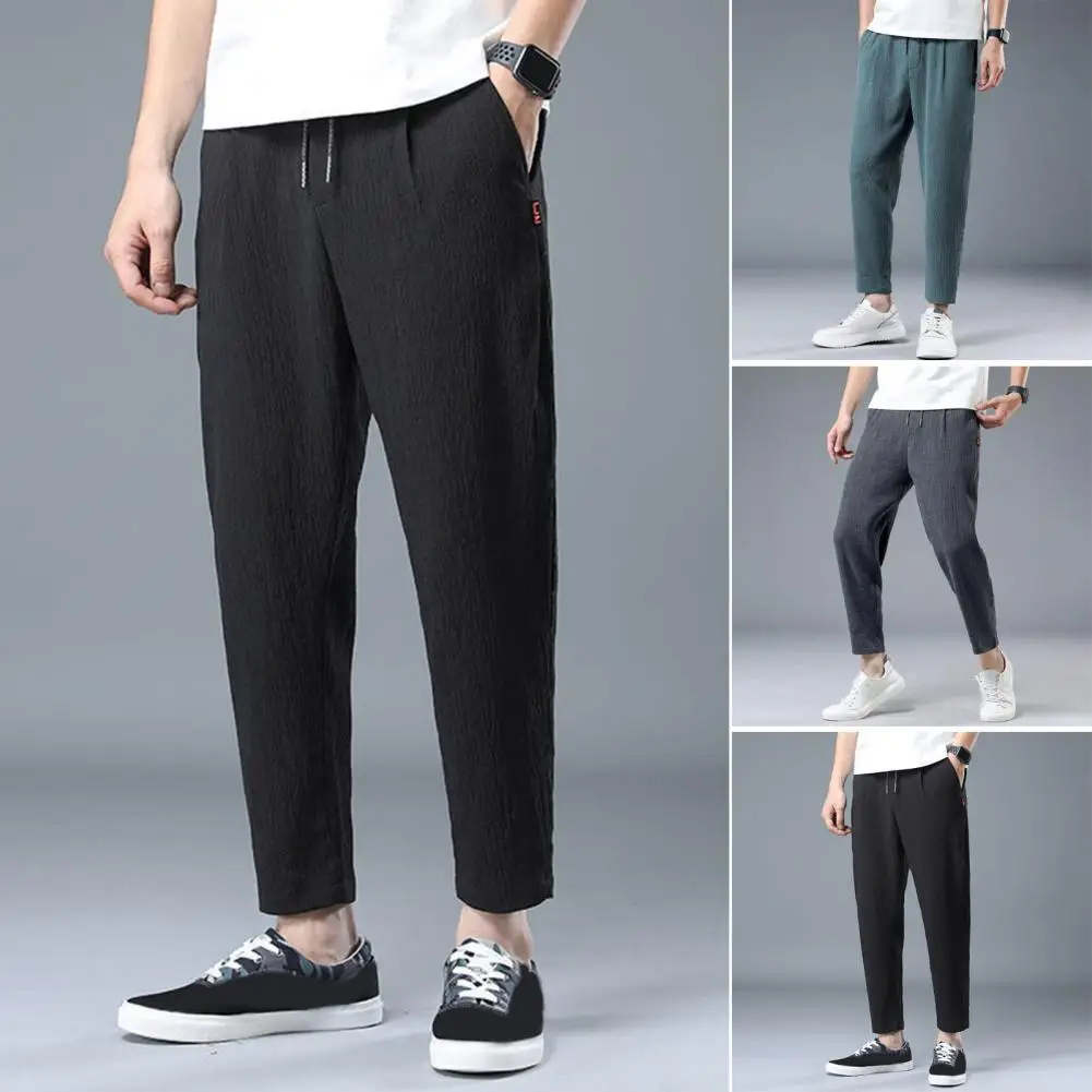 Solid Color Men Pants Men's Drawstring Ninth Pants with Elastic Waist Pockets for Daily Wear Sport Activities Loose Fit Straight