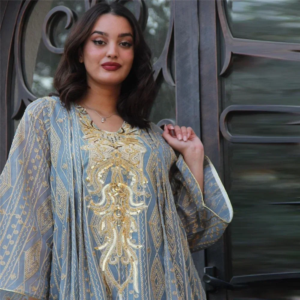 

Праздничное платье макси с пайетками для мусульманок на Ид Мубарак, Дубайская абайя, вечернее платье, джеллаба, исламская джалабия, турецкий кафтан, роба, кафтан