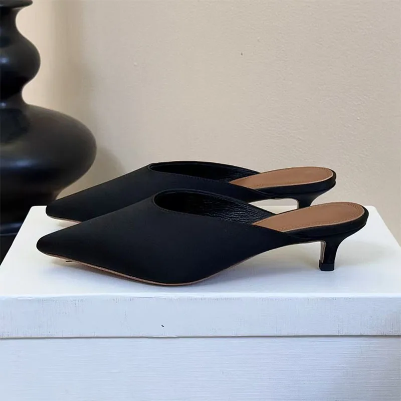 

New Kitten Heels Slippers For Women Summer Satin Slides Pointed Toe Runway Shoes Women Half Pack Low Heels Slippers Woman