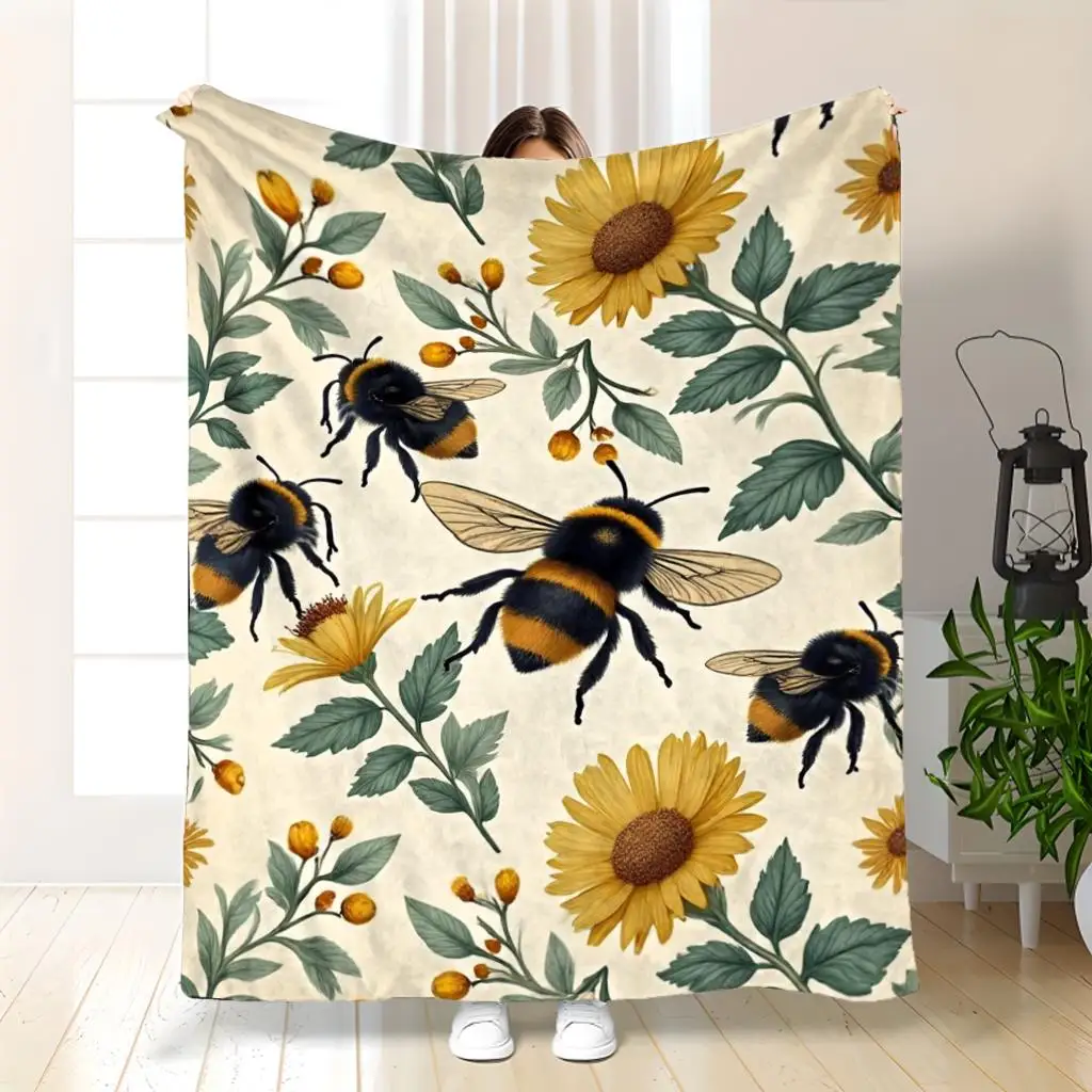 Vintage Bumblebee Sunflower Print Flannel Throw Blanket Retro Bee Floral Botanical Pattern Soft Plush Blanket for Sofa Bed Couch