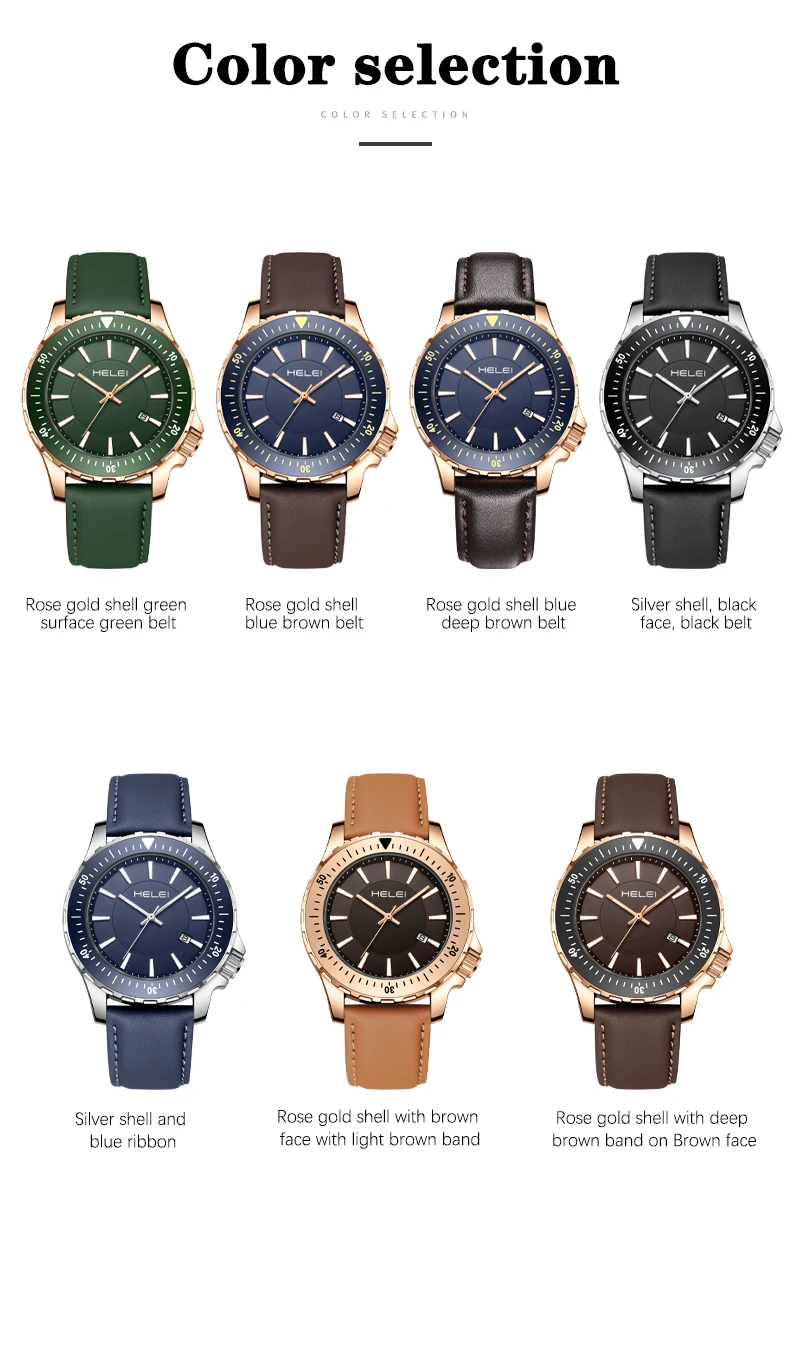 ساعة يد رجالية كوارتز جديدة من HELEI بحزام مضيء من الجلد الطبيعي #6