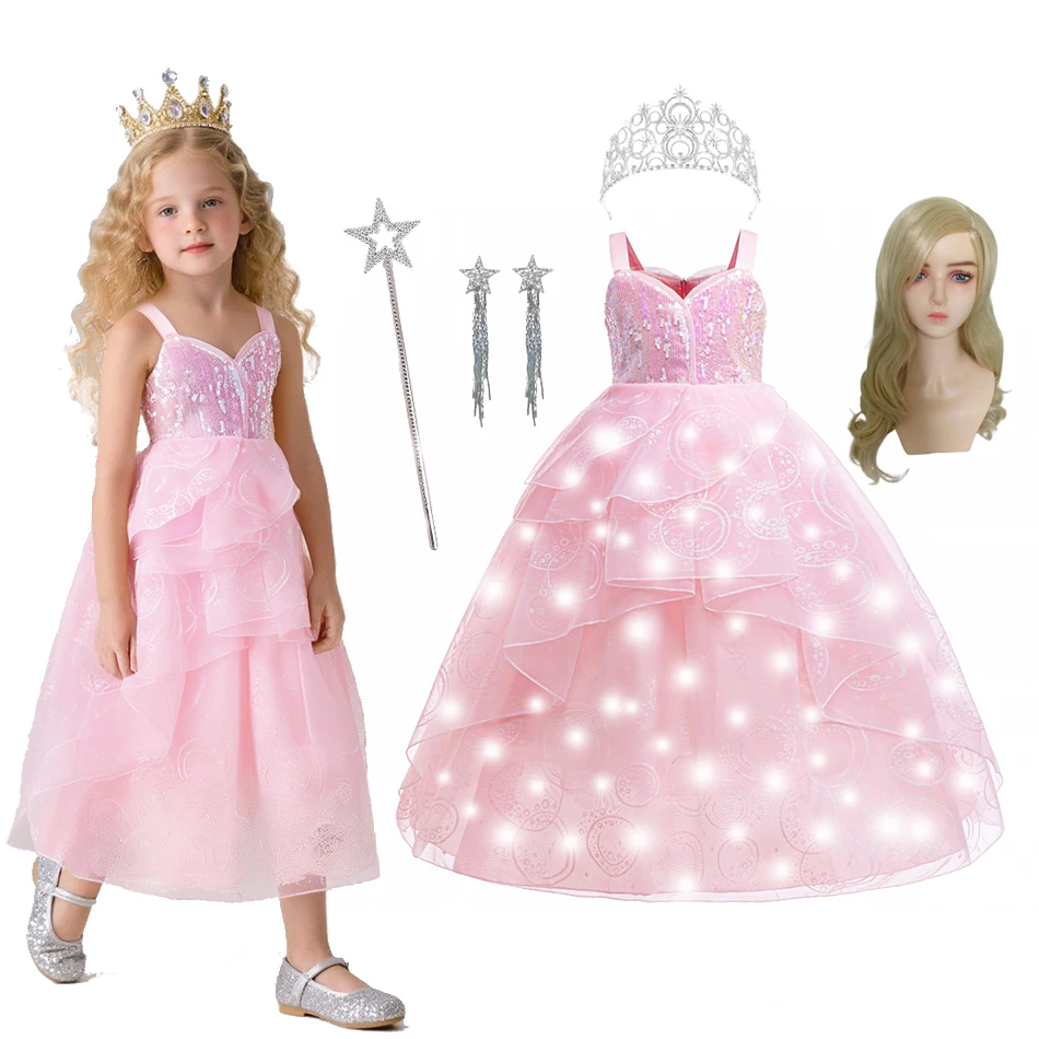 

Halloween Glinda Cosplay Costume Children Princess Pink Press Girl Wedding Dress Wicked Cosplay Clothes Kids Evening Gown