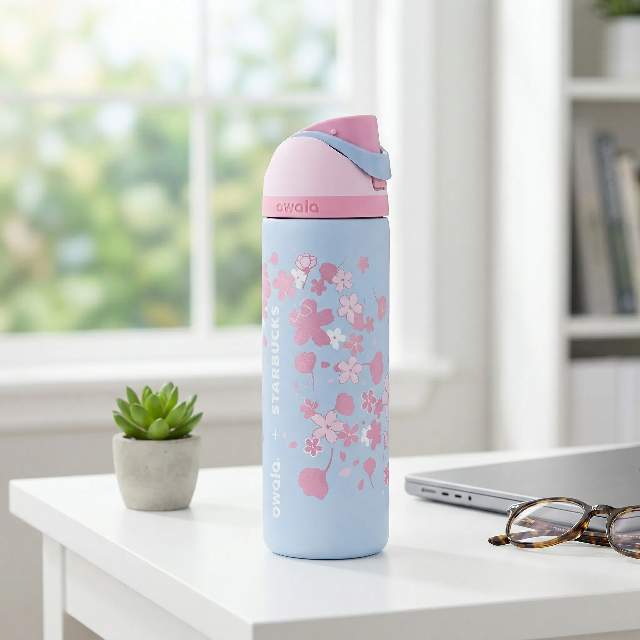 OWALA&SB Collaboration Cherry Blossom Pattern High Aesthetic Insulated Cup, Straw Water Cup, 710ml Self-Study Room Water Cup