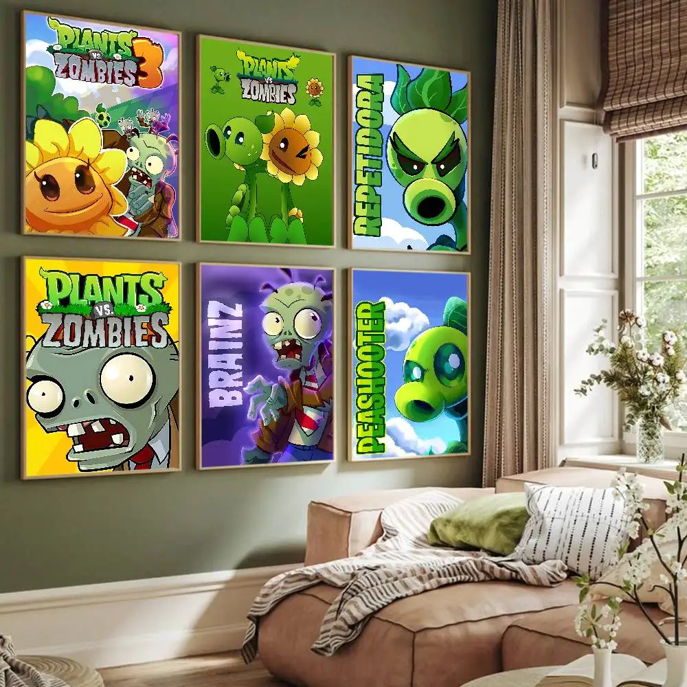 Classic Game P-Plants Vs Z-Zombies Whitepaper Poster Waterproof Paper Sticker Coffee House Bar Aesthetic Art Wall Painting