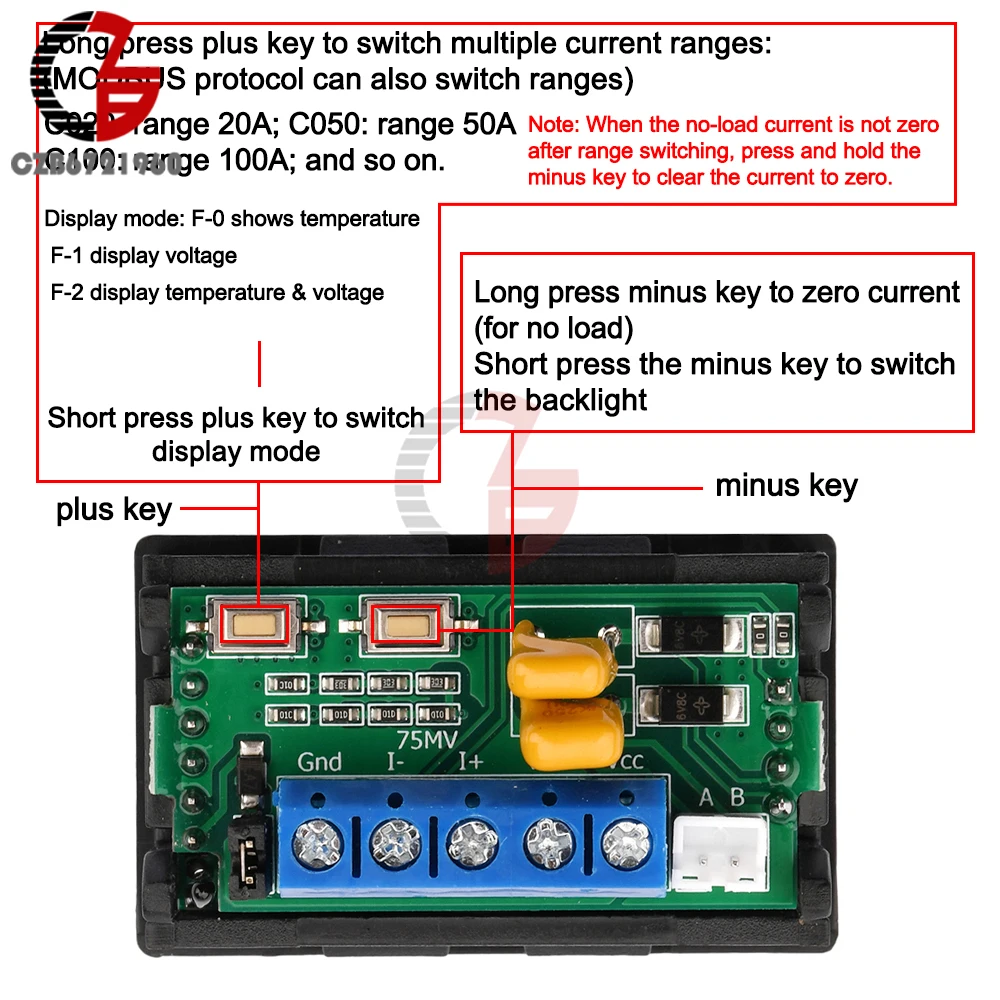 RS485 20A 50A 100A 200A 300A Digital Temperature Voltage Current Meter Voltmeter Ammeter Shunt DC 5-30V 100V Volt Voltage Tester