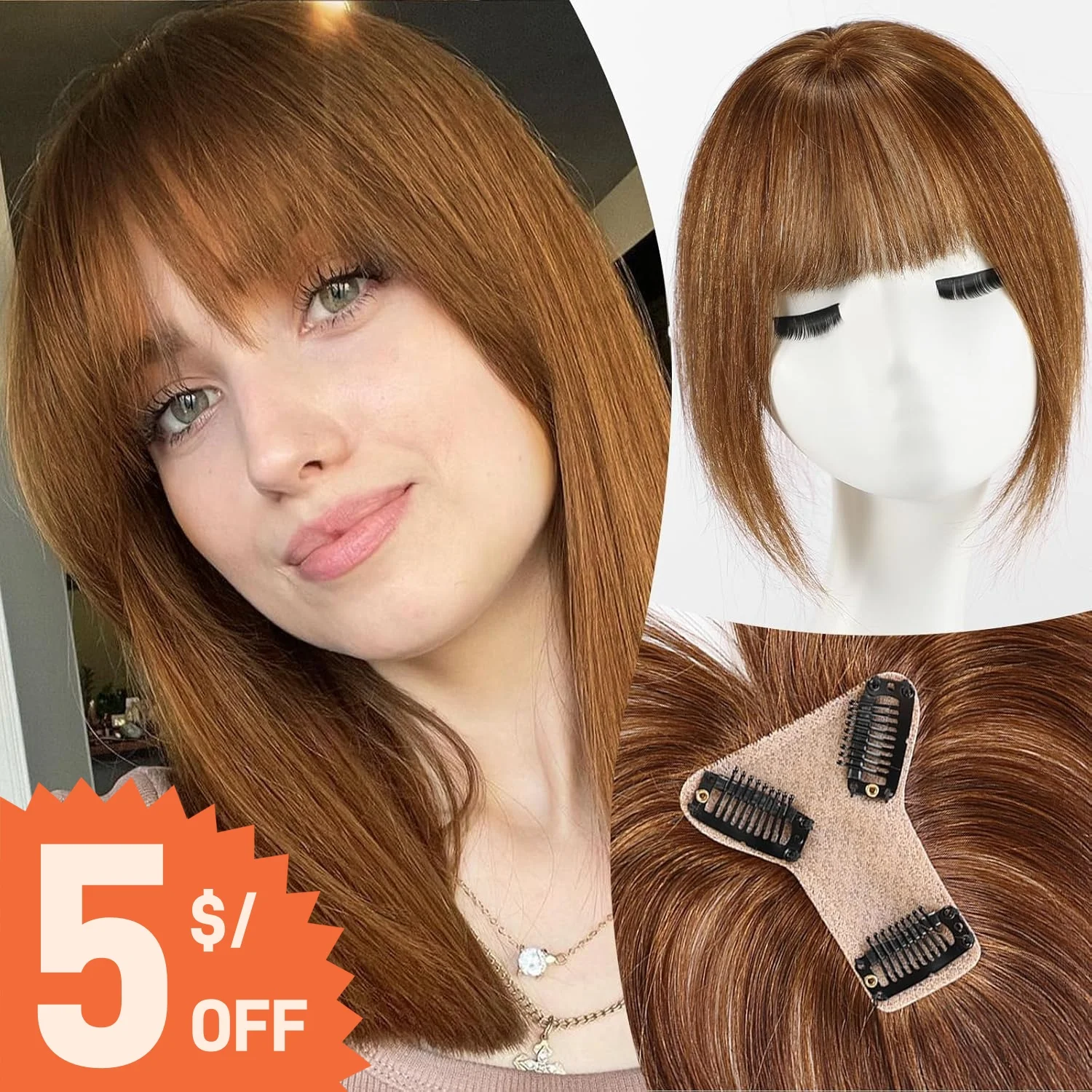 100% Remy Human Hair Bangs Hair Clip with 3 Secure Clips 360°Cover Top Hair Pieces with Wispy Fringes for Women 10 Inch Auburn