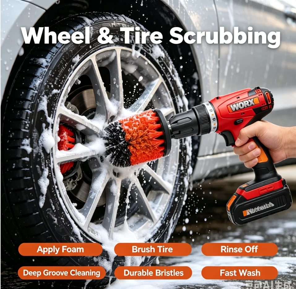 2/3/4/5'' Electric Drill Scrubber Brush Power Brush Set Kit Car Soft Brush Drill Kit Bathroom Kitchen Auto Care Cleaning Tools
