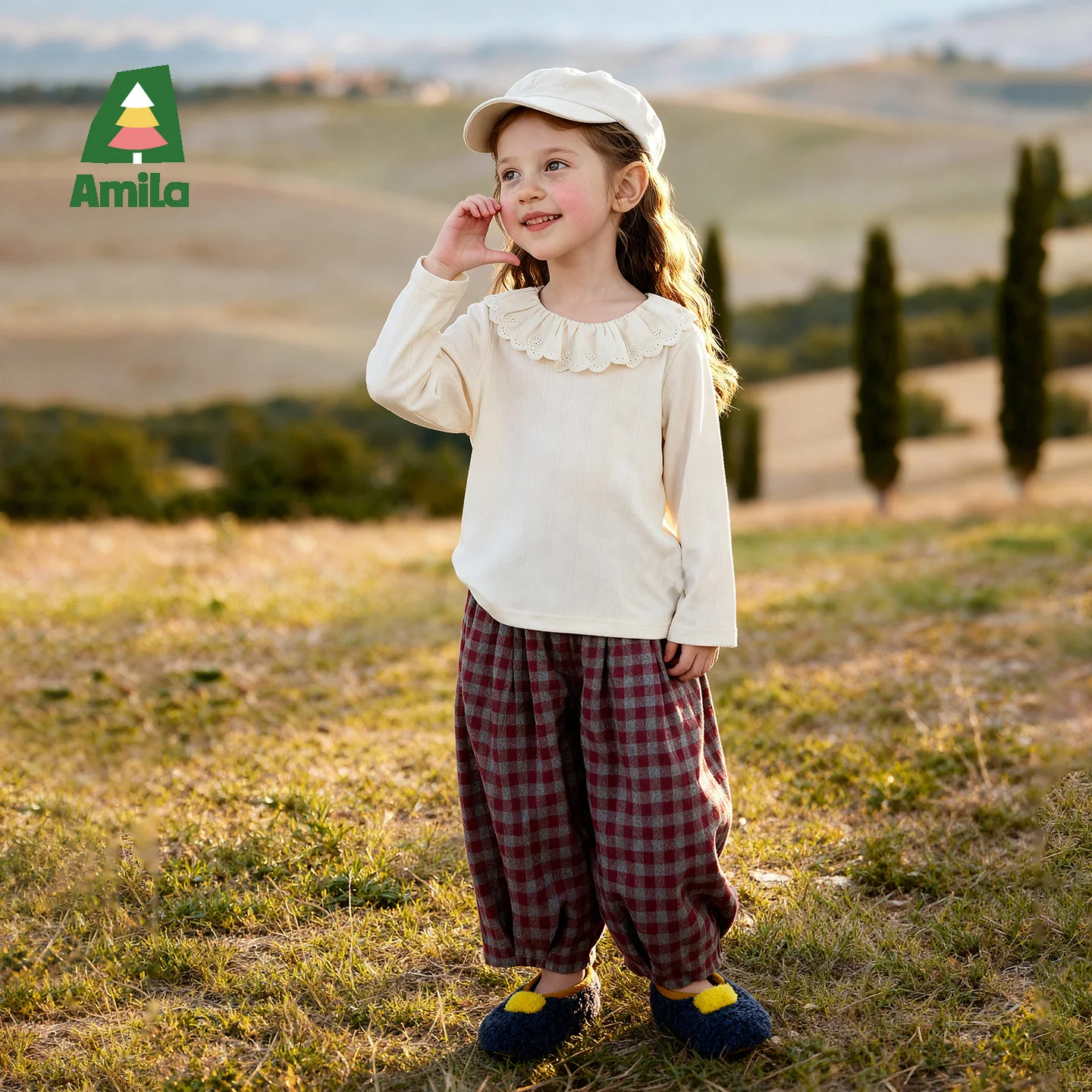 Amila 2026 Autumn New Kids T Shirt Ruffle Lotus Leaf Collar Long Sleeve Vertical Stripe Jacquard Elegant Fashion Daily Top