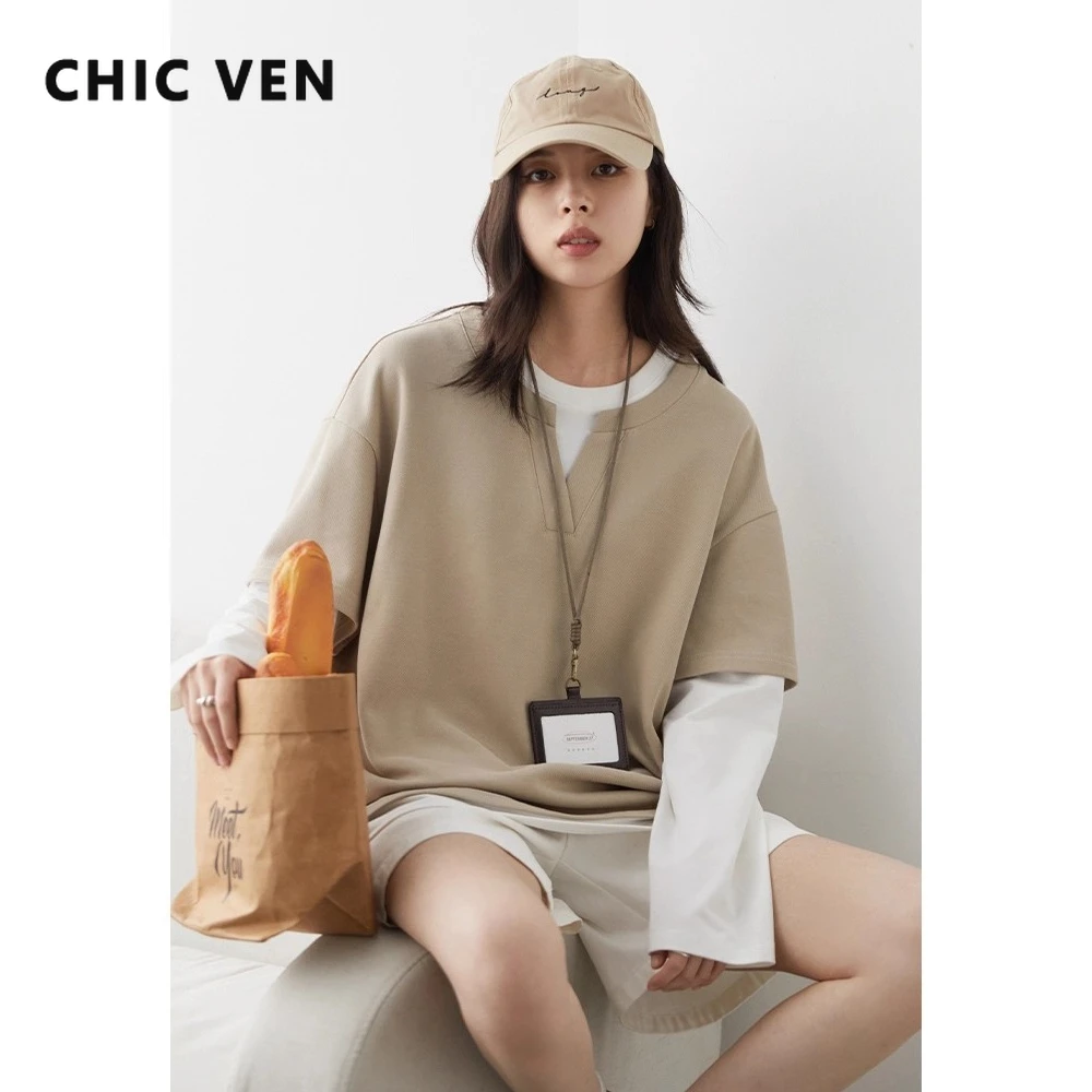 

Женские футболки CHIC VEN, свободные повседневные футболки с круглым вырезом и длинными рукавами в стиле пэчворк, дизайнерские женские топы, весна-осень 2024, одежда