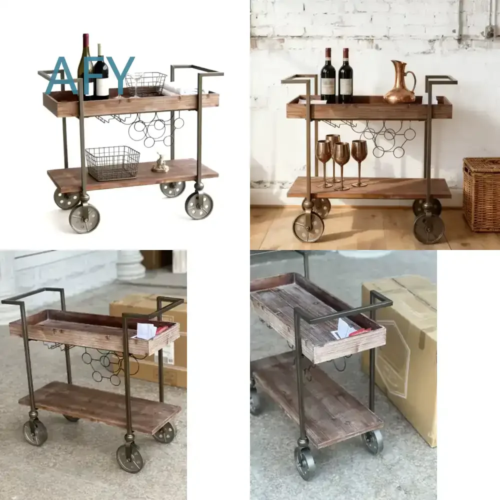 Industrial Rustic Bar Cart with Wheels for Home Bar Kitchen Dining Room Living Room 2-Tier Rolling Serving Cart with Wine