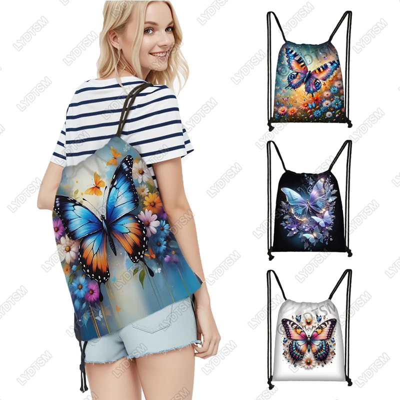 

Colorful Butterfly Pattern Backpack for Travel Insect Flower Drawstring Bag Bookbag Shoes Holder Large Capacity Storage Bags