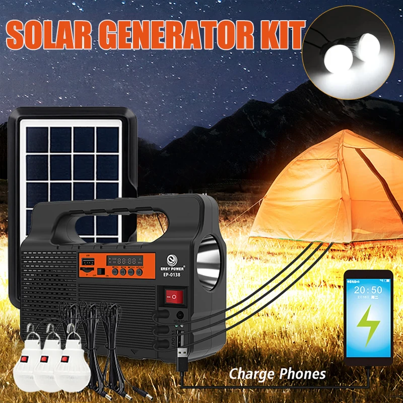 Portable 3 Bulbs Solar Panel Camping Outdoor Lighting Kit Home DC System 4 in 1 for Mobile Phone Charger Night Emergency Light