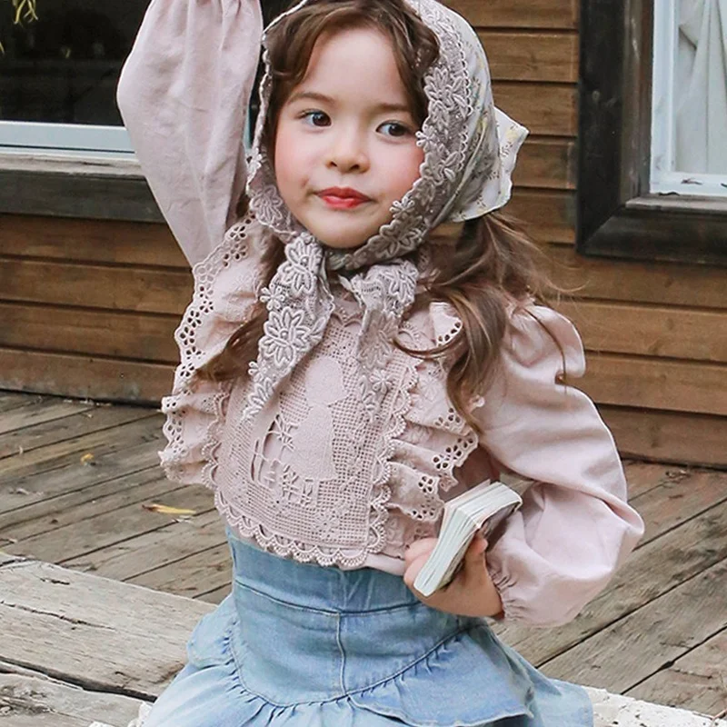 Embroidery Long Sleeve Children Shirts Cotton Girls Blouse for Kids Spring Cute Toddler Lace Tops Girls Clothing for 1-11Y CC008