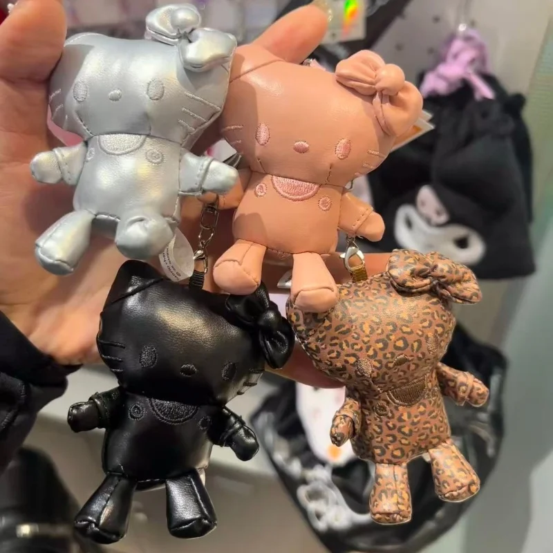 Sanrio 8cm couro hello kitty mini chaveiro de pelúcia kawaii rosa leopardo colorido kitty boneca criativo mochila pingente acessórios