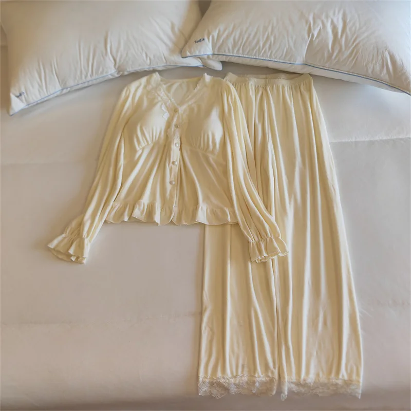 ملابس نوم دافئة لجزيرة الشتاء المخملية المرأة منامة مجموعة الدانتيل وسادة الصدر طويلة الأكمام أعلى بنطلون مجموعات ملابس المنزل سميكة