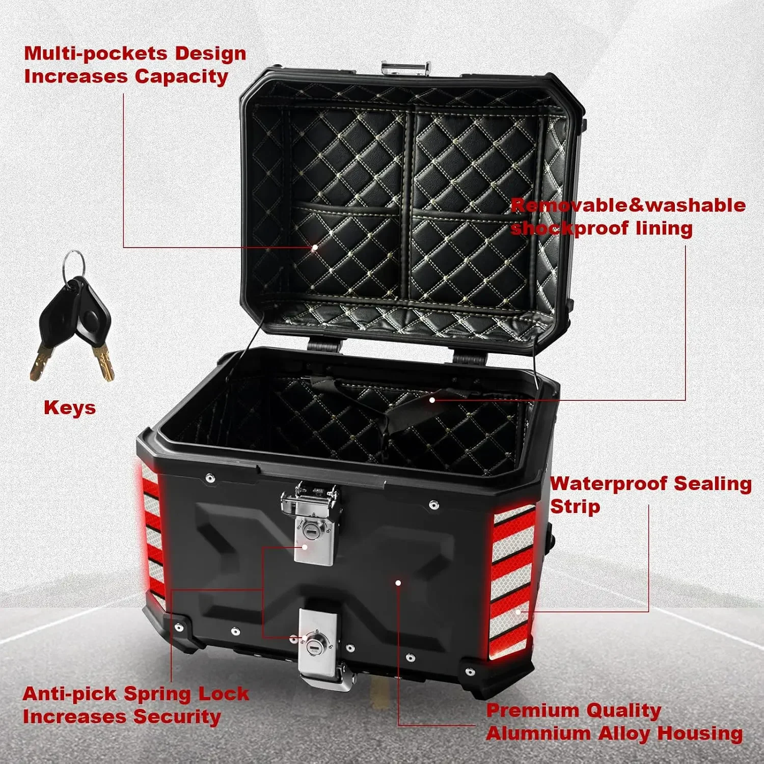 Universal Motorcycle Top Case,45L Motorbike Tail Box Trunk Tour Storage Carrier Case with Backrest, Security Lock and Handle for Helmet Luggage,Black