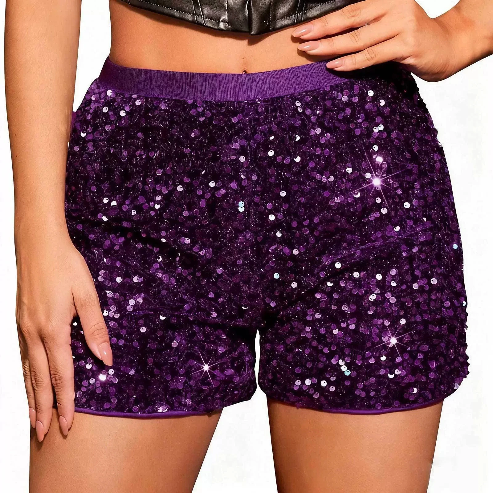 2026 European and American spring/summer fashion slim fit sequins solid color black mid waist elastic sexy straight shorts