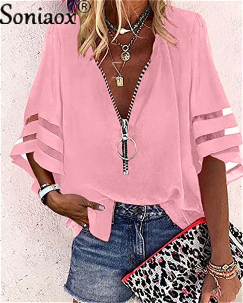 Blusa de encaje con manga acampanada para mujer, Camisa lisa de malla con cremallera y cuello en V, Tops informales holgados, ropa de calle 2022