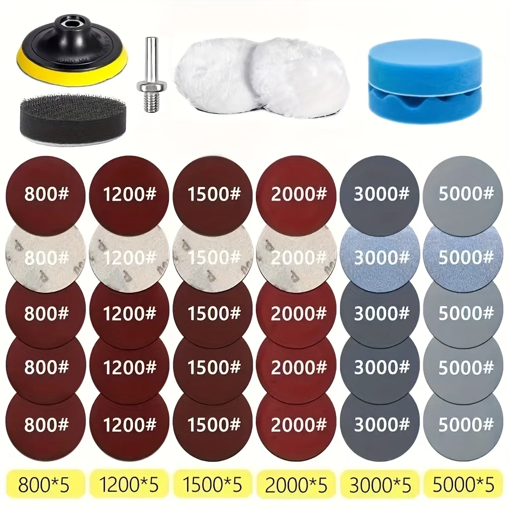 37 pièces de kit de réparation et de restauration de phares, disque de polissage de voiture 3 pouces 75mm, tampon de polissage éponge de cire de voiture avec papier de verre