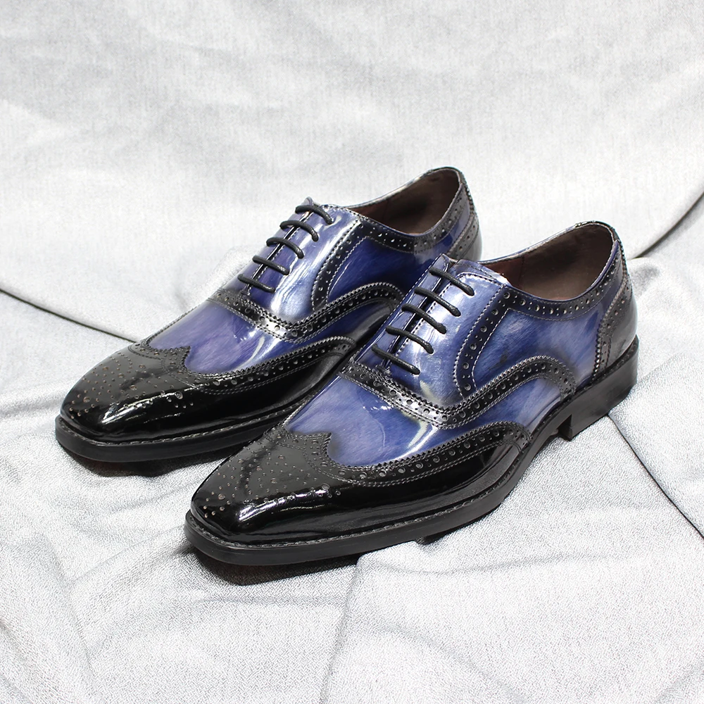 

Cow Patent Leather Men's Oxfords Brogue Wingtip Formal Shoes Classic Handmade Lace Up Office Wedding Party Dress Shoes for Men
