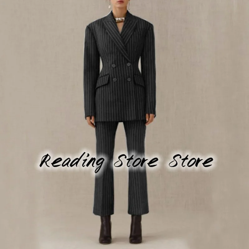 Women\'s Suit 2-piece Solid Color Striped Double-breasted Temperament Lapel Slim Business 2022 New Sexy Jacket المرأة البدلة سليم