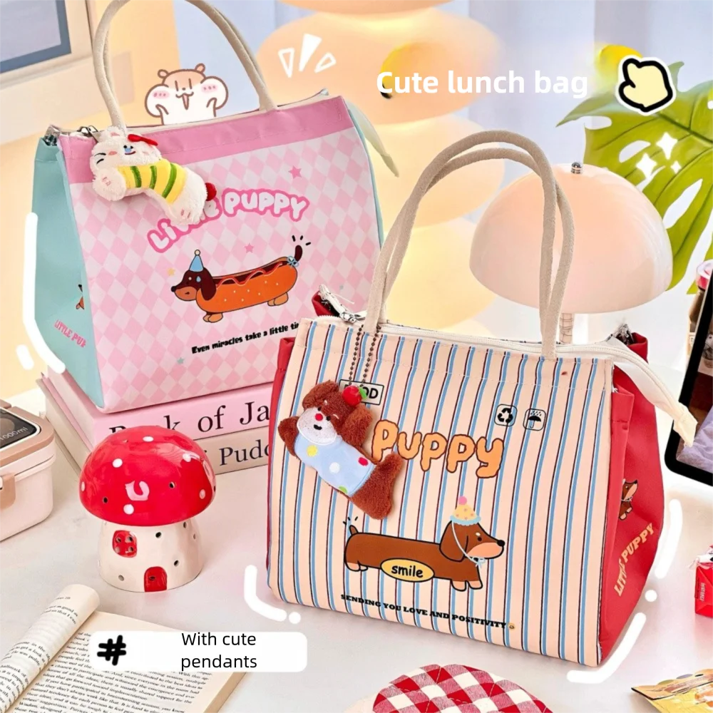 

Cute Puppy Thermal Lunch Bag With Pendant Kawaii Large Insulated Lunch Box Bag For Women Girls Kids Portable Bento Pouch Gift