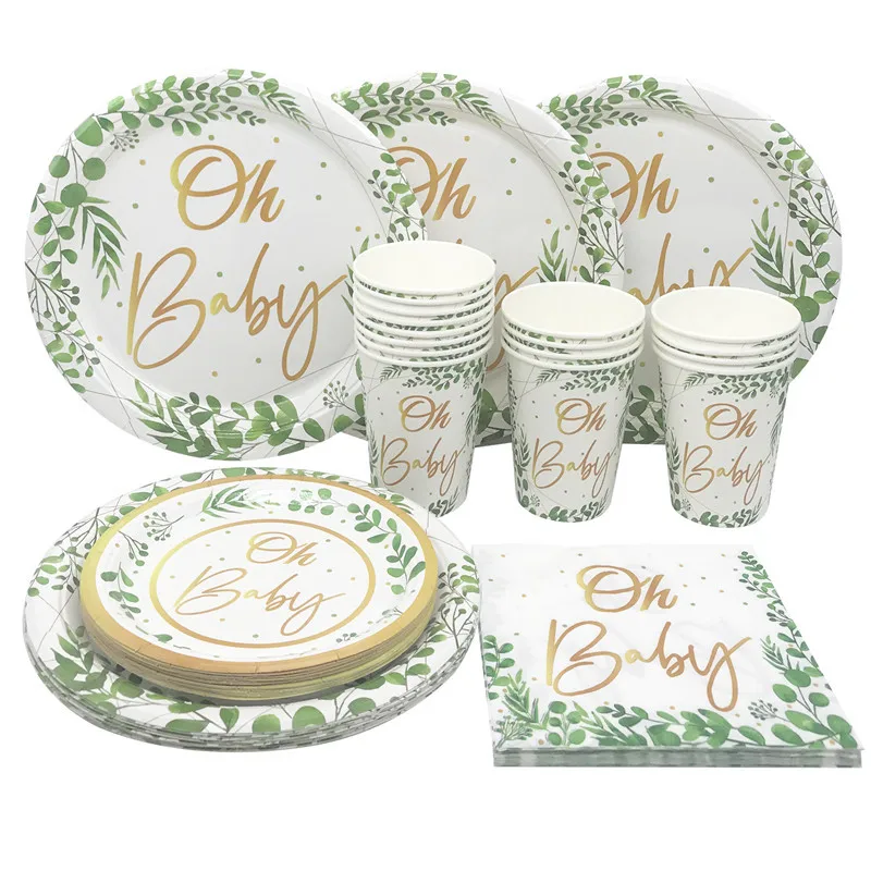 Green Leaf Oh Baby Einweg-Pappteller, Tassen, Servietten, Babyparty, Party-Dekoration, Junge, Mädchen, Geburtstag, Geschlecht offenbaren, Partyzubehör