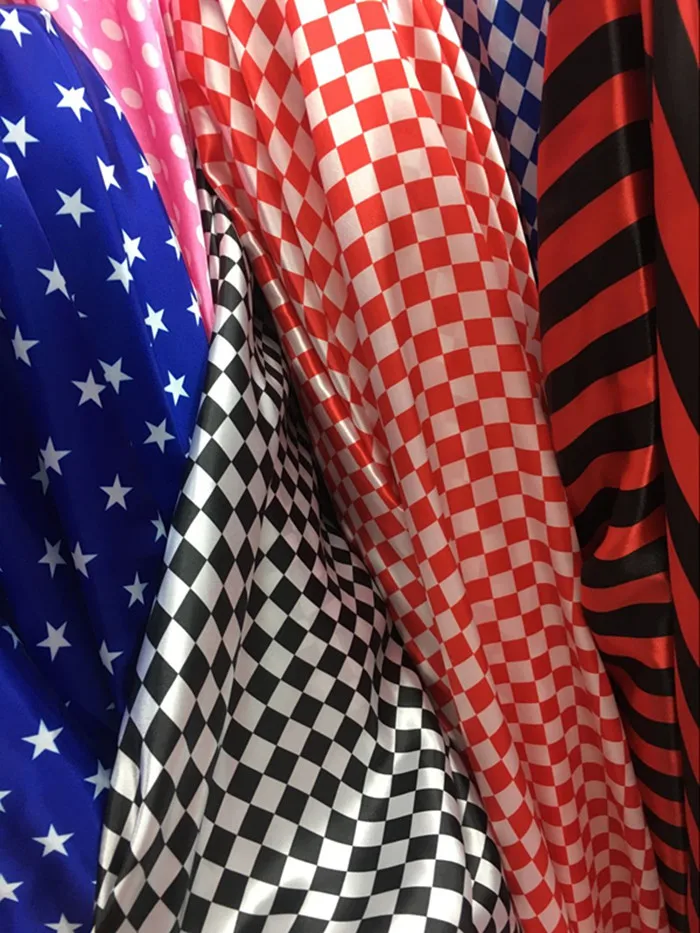 Printed Satin Fabric By The Meter for Clothing Diy Sewing Thin Drape Opaque Black White Red Plaid Star Cloth Textile Summer Soft