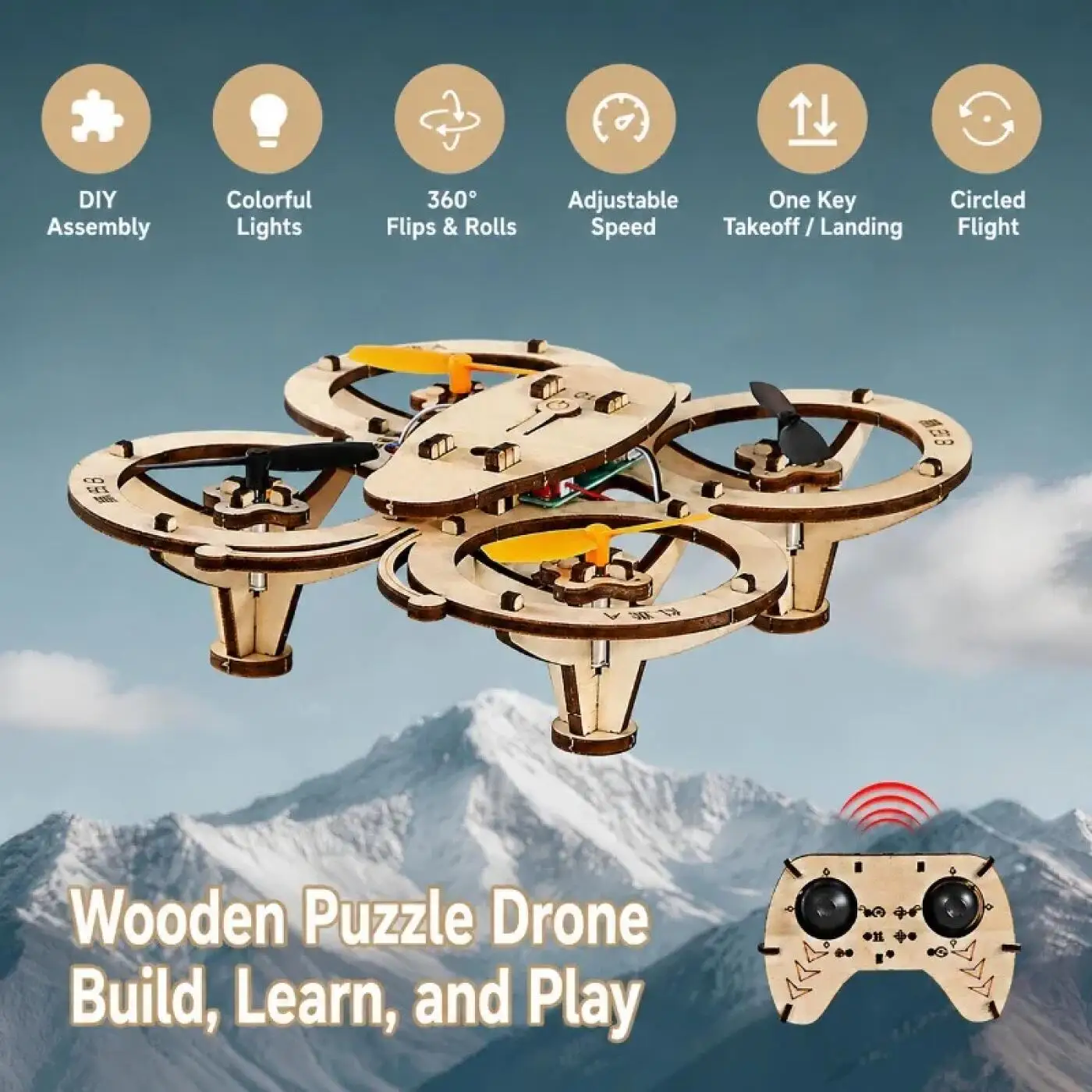 DIY Wooden RC Drone Assembly Flying Toy Remote-controlled Quadcopter Wooden Drones Aircraft Building Model Kit Christmas Gifts