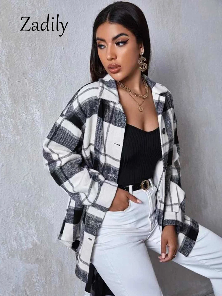 

2025 Autumn Casual Long Sleeve Women Basic Plaid Shirt Office Lady Button Up Loose Blouse Brushed Autumn Warm Cardigan Clothing