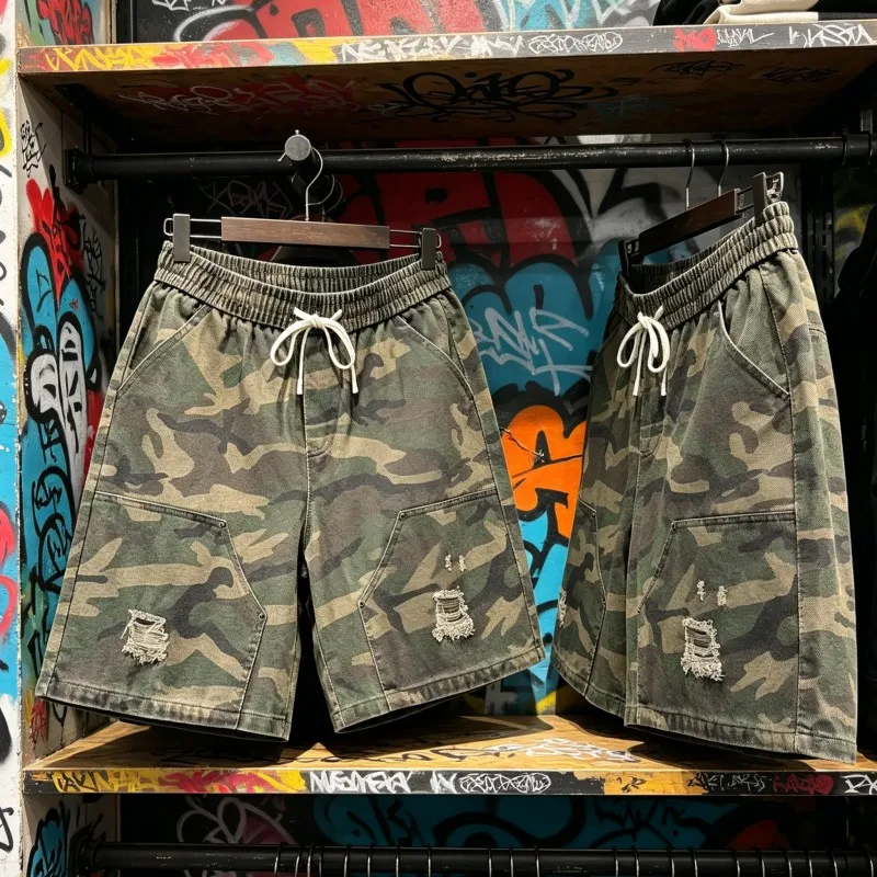 

Vintage Camouflage Shorts Saint Heavy Washed Distressed Destroy Tassels Casual Drawstring Cropped Pants Men Women Streetwear