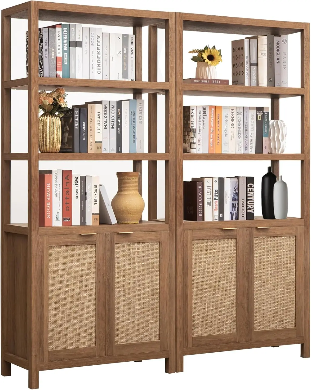 Bookshelf 5 Tier Book Shelf Rattan Boho Tall Bookcase with Doors Storage Wood Shelves Large Bookshelves (2PCS)