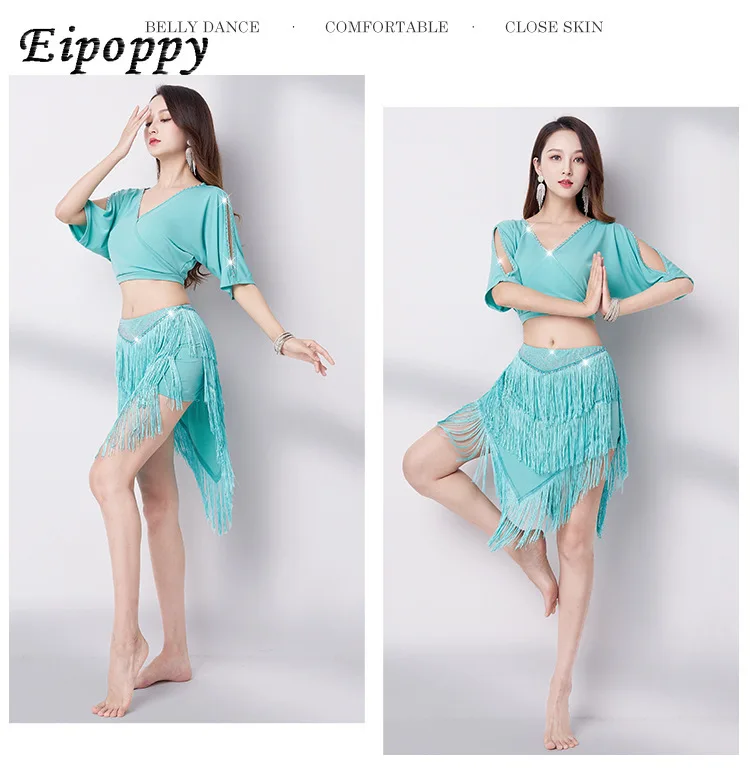 Belly Dance V-neck Sexy Hot Drilling Tassel Dress Suit New Oriental Dance Costume Exercise Clothing Women