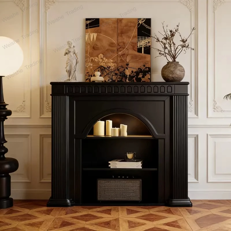 

French cream style all solid wood fireplace decorative cabinet American retro living room fireplace side cabinet entry black