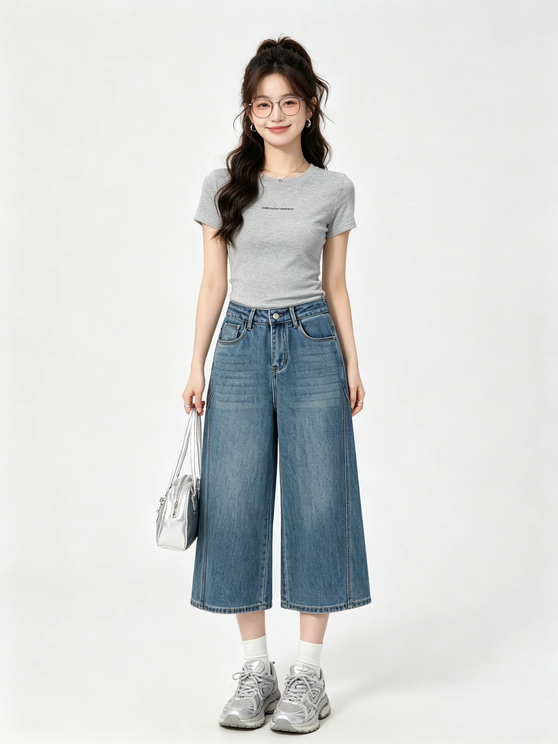 High Waist Wide Leg Denim Jeans Vintage Washed Draped Skin-friendly Summer Loose Slimming Versatile Capri Pants New Style