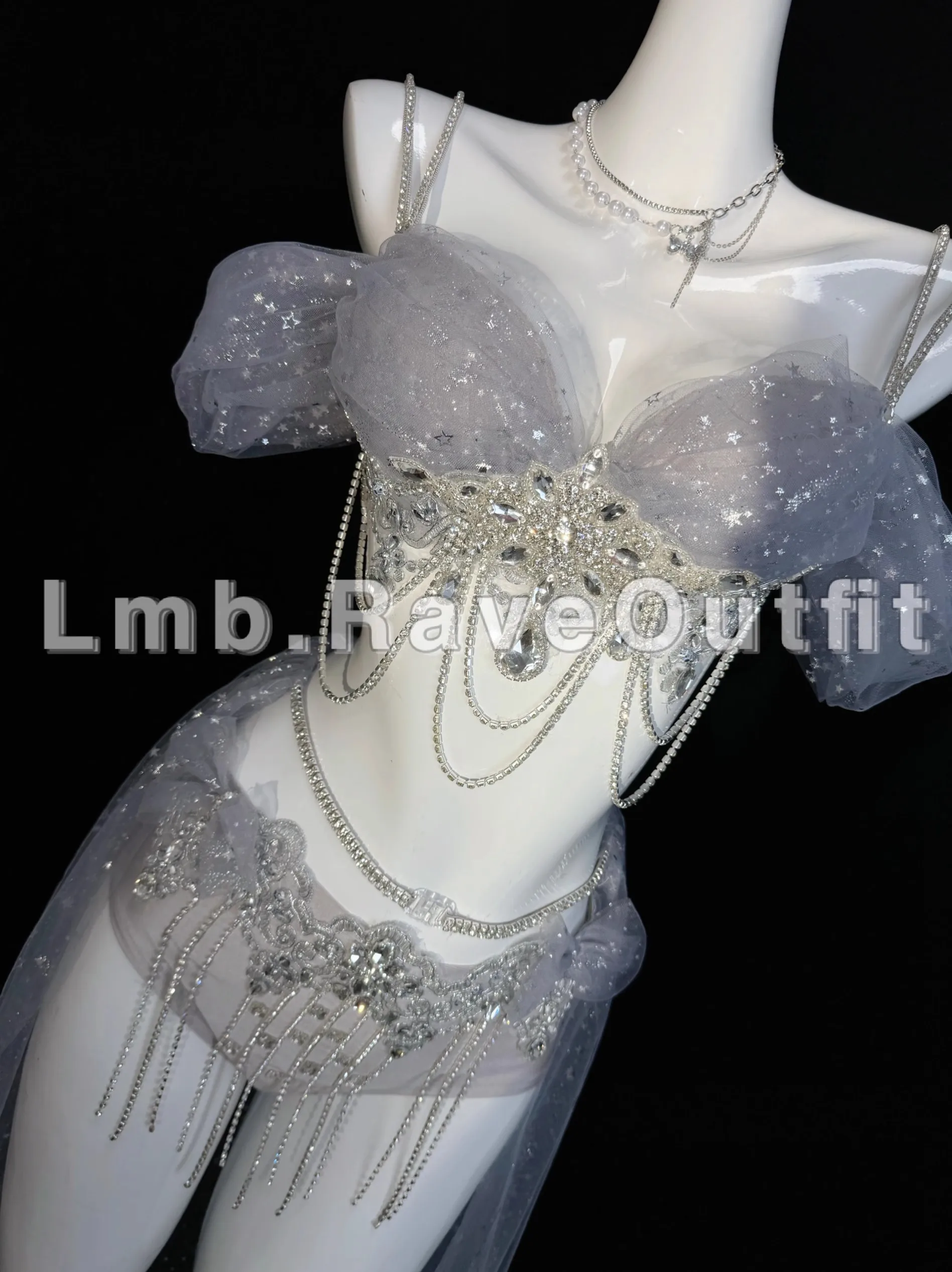 

Show girl Costume Party outfit Concert outfit party show costume EventNew Design Sexy Luxury Pearl Fringe Bikini Dress Grey Set