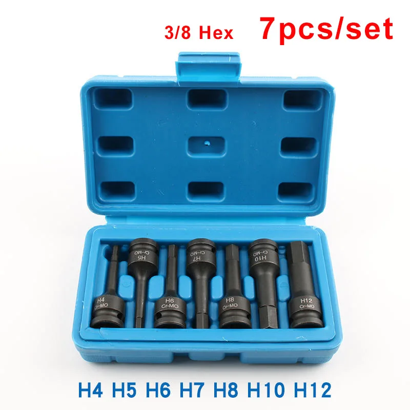 

7PCS/set 60mm Long 3/8' Square Driver Drill Bit Socket Adapter H4 H5 H6 H7 H8 H10 H12 Hex Head Screwdriver Bit Hand Tool Wrench