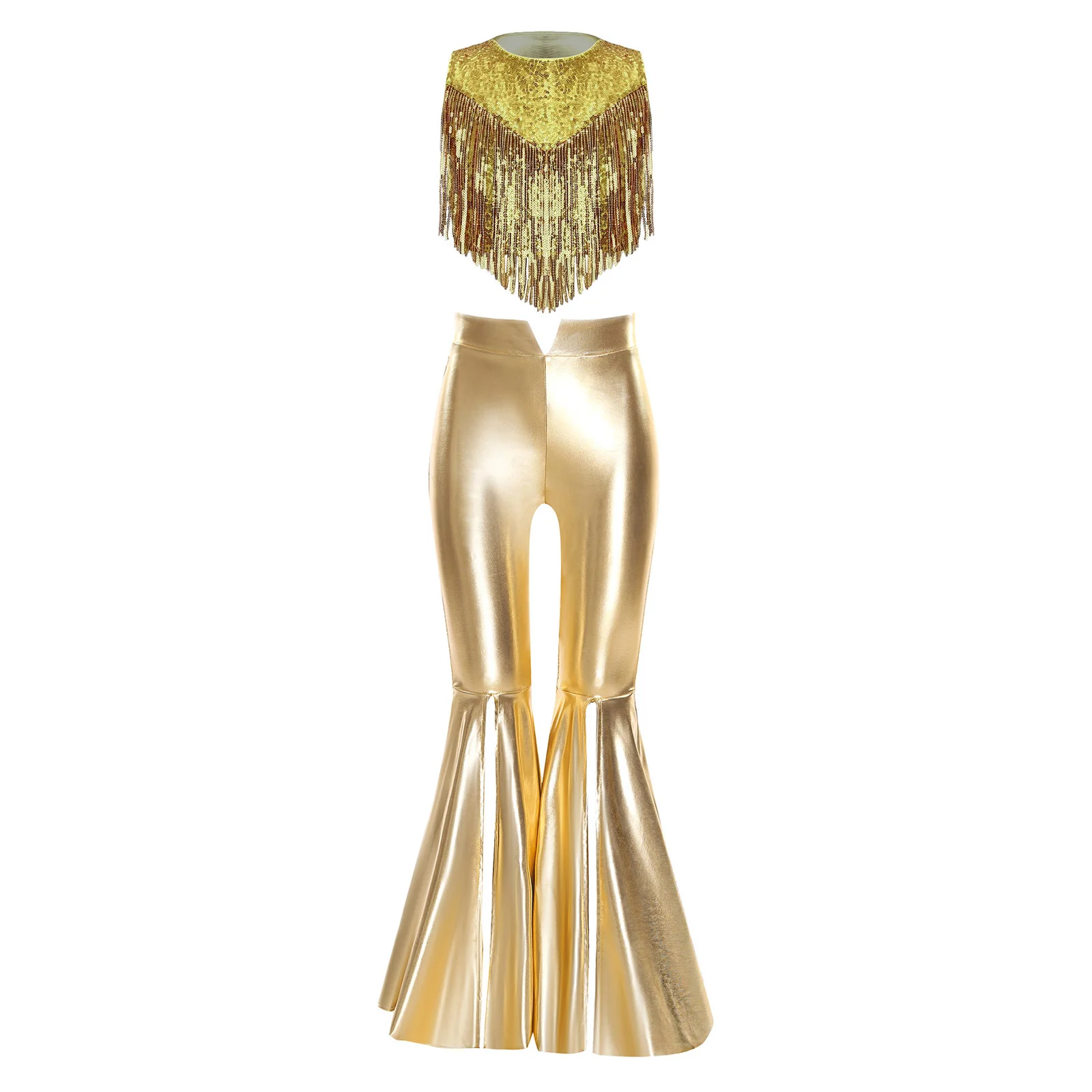 Kids Girls 70s Disco Outfit Metallic Sequin Tassel Crop Vest Top with Flare Pants Halloween Carnival Hippie Cosplay Costume