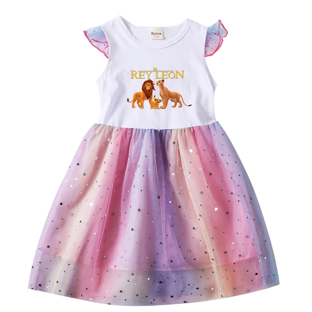 O rei leão Simba vestido de princesa manga curta para meninas, vestido de malha infantil, desenhos animados, verão