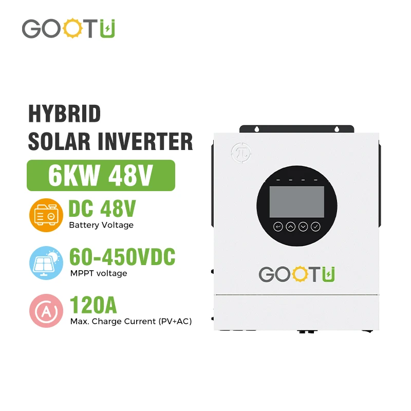 GOOTU 3.6KW/5KW/6KW Hybrid Solar Inverter Dual Output 24V/48V 60-500vdc Pure Sine Wave On/Off Grid for Home Power Supply